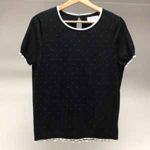 Elle Black top black dots scoop neck white trim, Size L